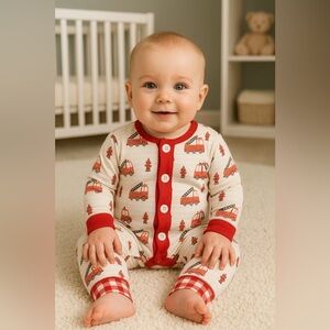 Red and White Footies One Piece with Gingham Cuffs NB